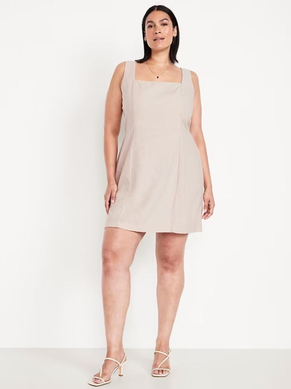 Old Navy Square Neck Linen Blend Mini Dress Tan Beige